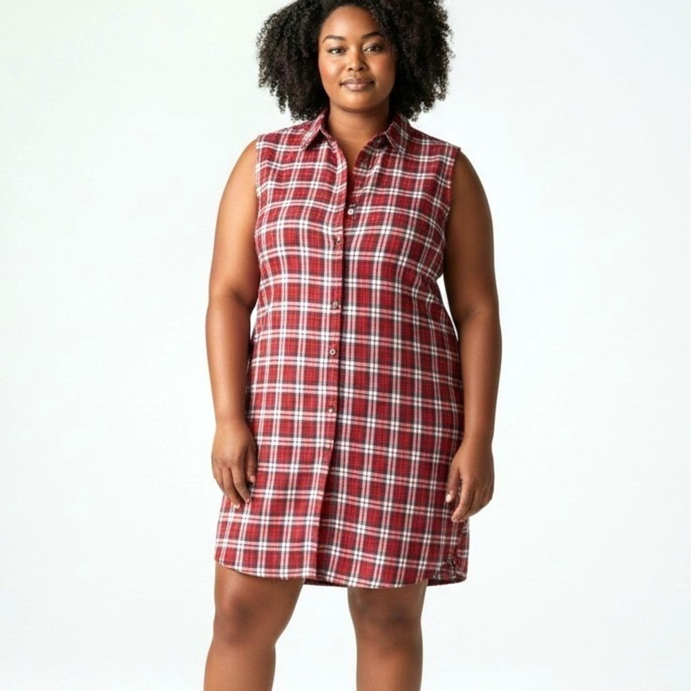 Karen Scott Red Plaid Sleeveless Button Down Shirt Dress Cotton Women 2X